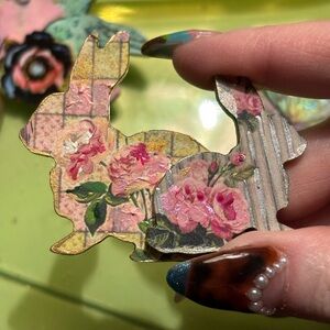 Floral Bunny Wood Cutout Accent - Pink Rose Decoupage brooch
